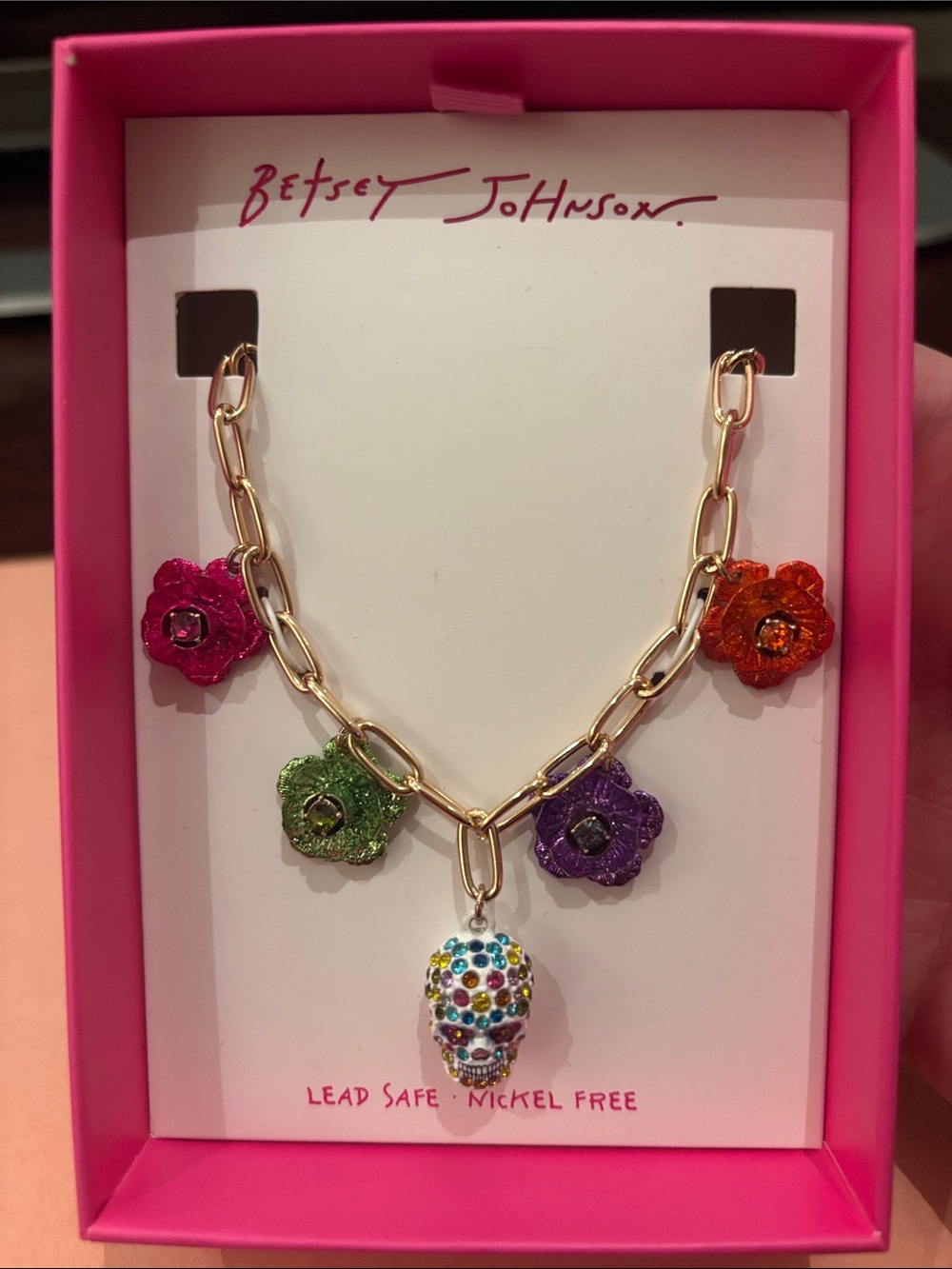 Betsey Johnson Dia De La Muertos Floral & Crystal Skull Pendant Necklace
